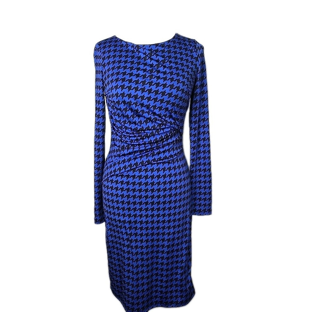 Karen Kane Blue Black Geometric Print Stretch Knit Faux-Wrap Dress XS
